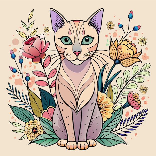 Vetor um desenho de um gato com flores e uma foto de um gato