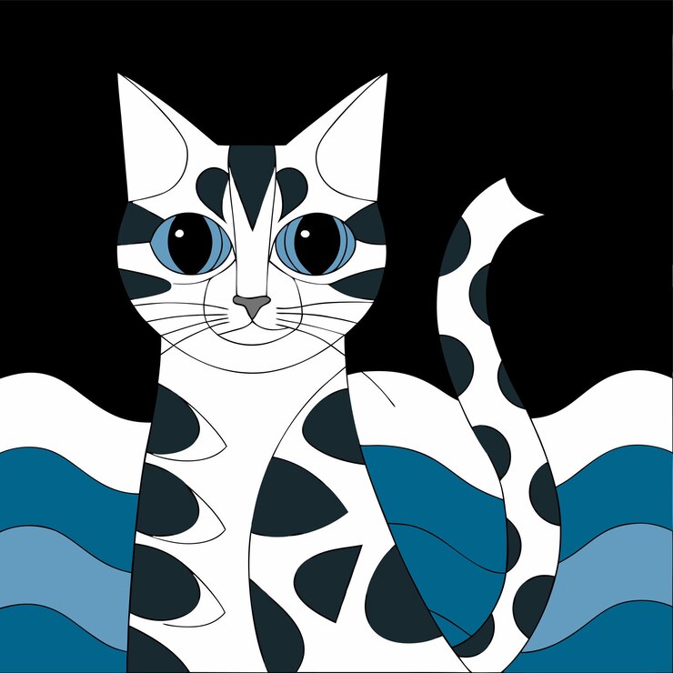 Vetor um desenho de um gato que tem um padrão azul e branco nele