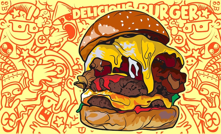 Vetor um desenho de um hambúrguer com a palavra delicioso nele
