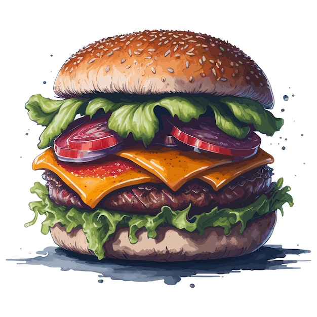 Um desenho de um hambúrguer com alface, tomate e queijo.