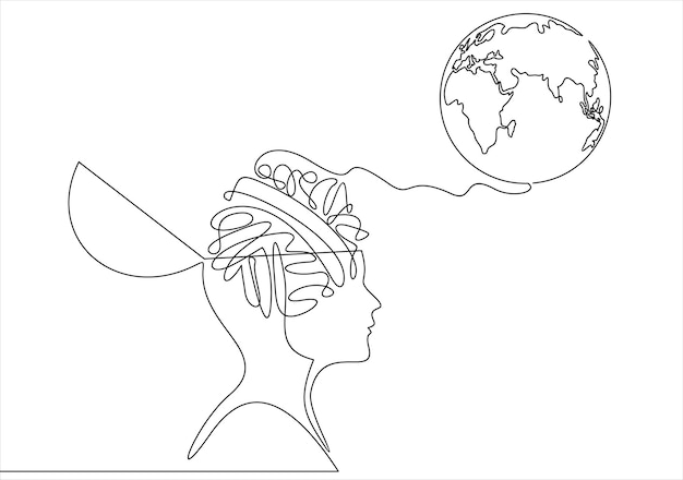 Um desenho de um homem com uma cabeça que diz 'mundo' nela