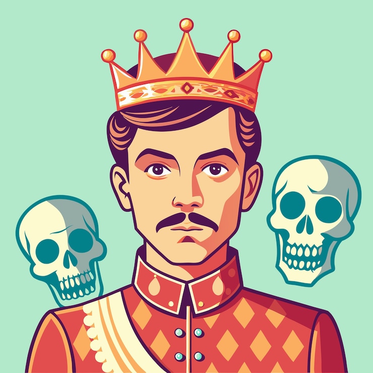 Vetor um desenho de um homem com uma coroa e um crânio