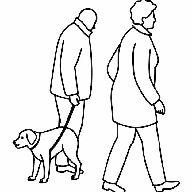 Vetor um desenho de um homem e um cão com um homem caminhando atrás deles