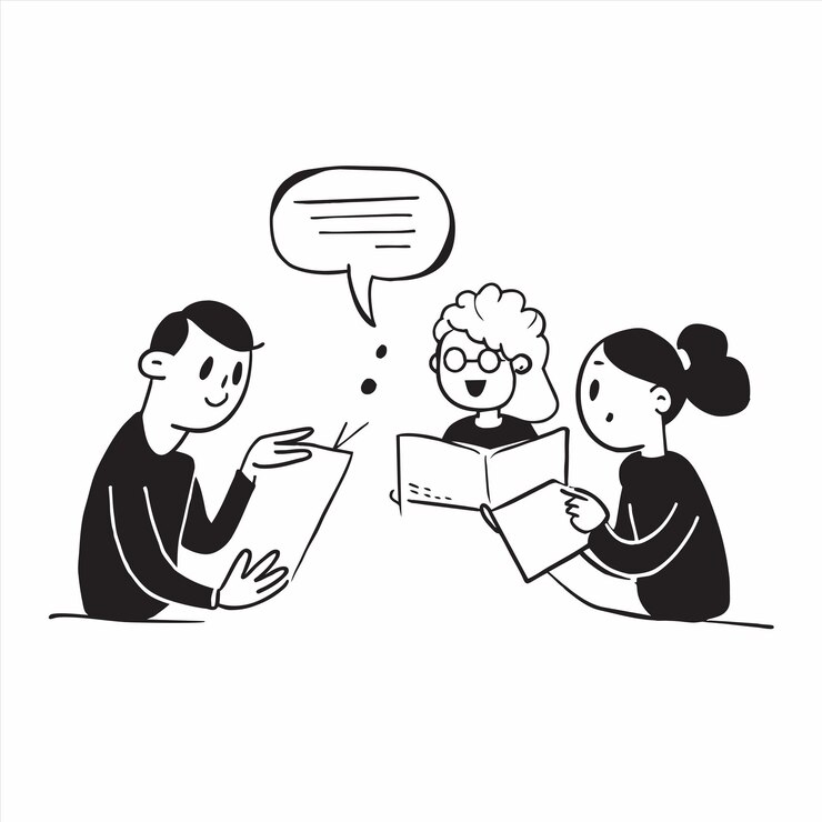 Vetor um desenho de um homem e uma mulher lendo um livro com uma bolha de fala acima deles