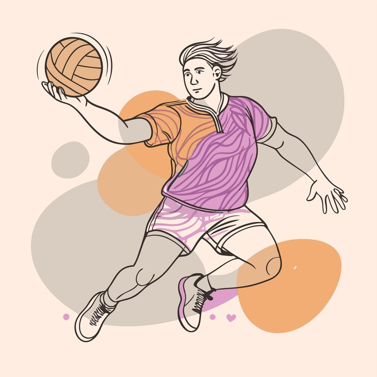 Vetor um desenho de um homem jogando basquete com uma bola no fundo
