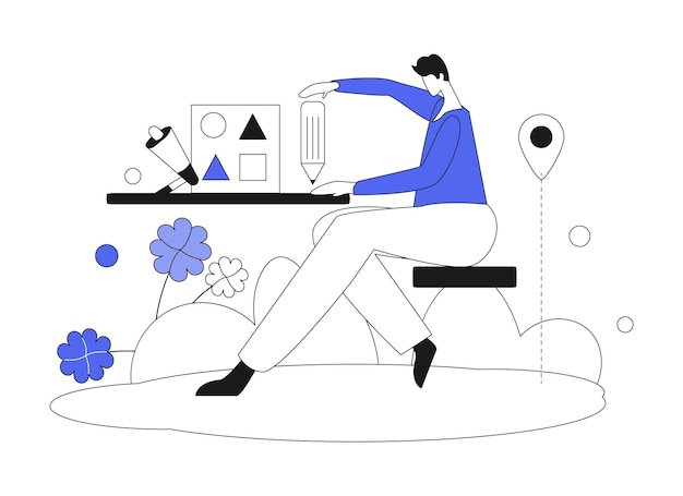 Um desenho de um homem sentado em uma mesa com um vaso sobre ele