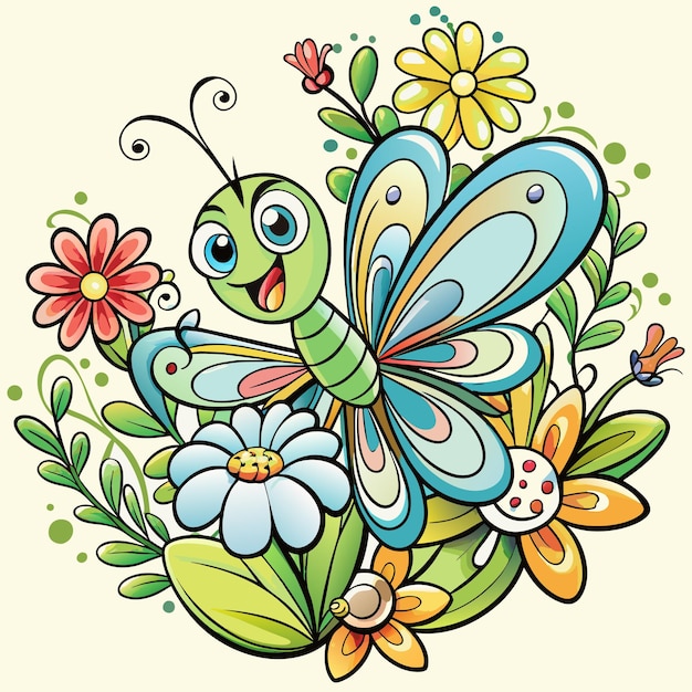 Vetor um desenho de um inseto verde com flores e borboletas