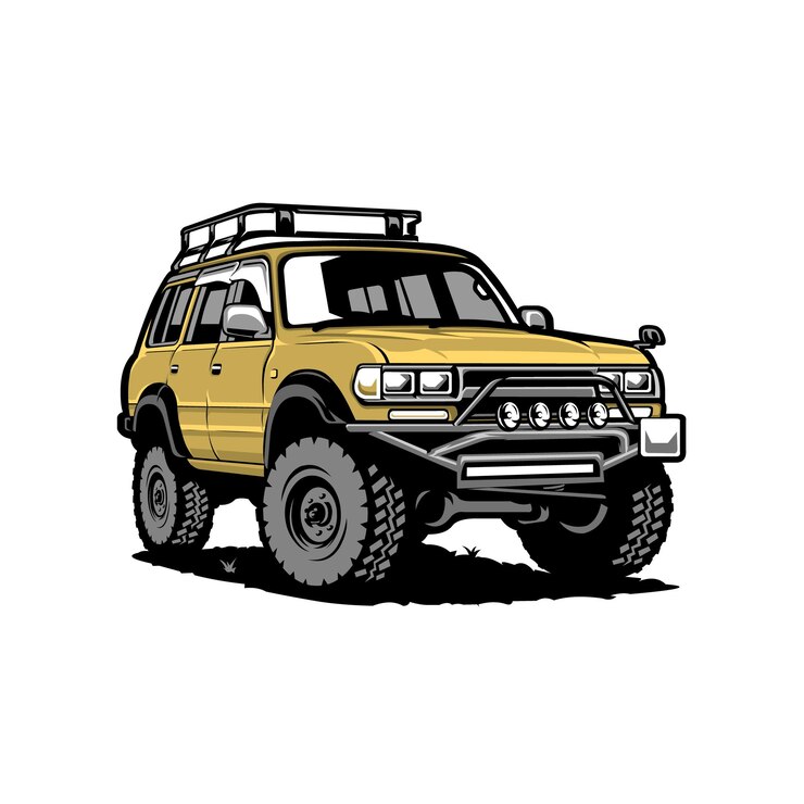 Vetor um desenho de um jipe amarelo e branco com a palavra fogo nele