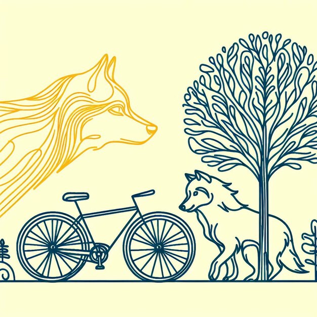 Vetor um desenho de um lobo e uma bicicleta com um cão e uma árvore