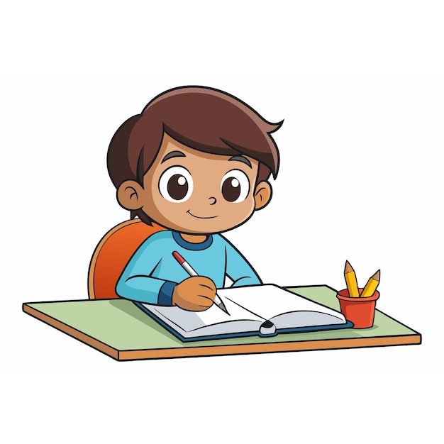 um desenho de um menino lendo um livro com um lápis na mão