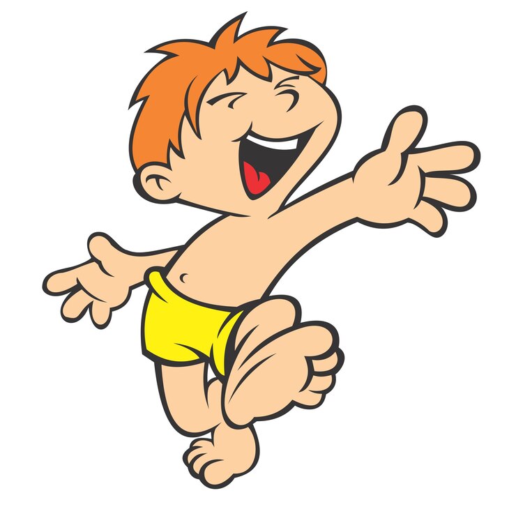 Vetor um desenho de um menino vestindo shorts amarelos e uma fralda salta no ar.