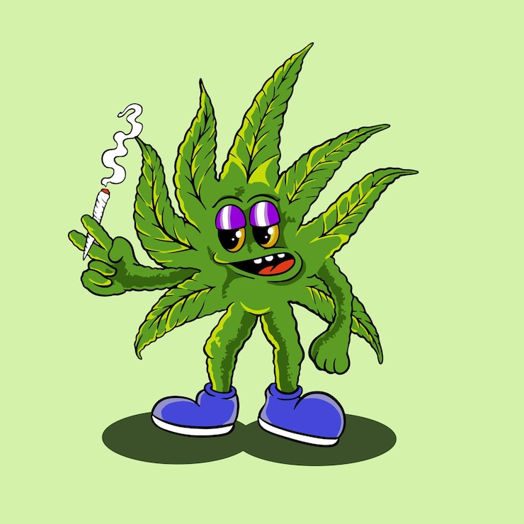 Vetor um desenho de um personagem de maconha verde com um galho de fumaça