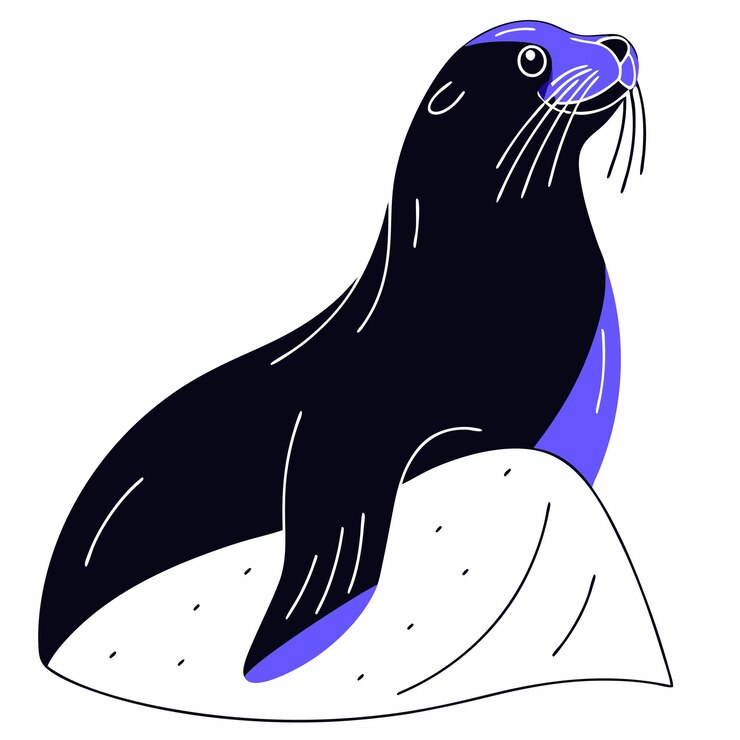 Vetor um desenho de um selo com um rosto azul e um fundo branco