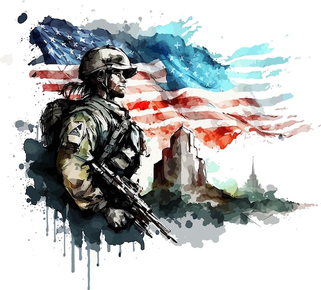 Um desenho de um soldado com a bandeira americana ao fundo