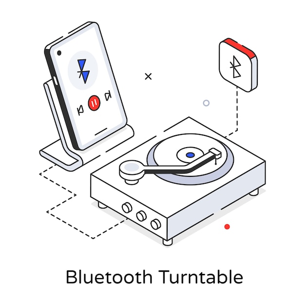 Um desenho de um telefone e um toca-discos sobre uma mesa.