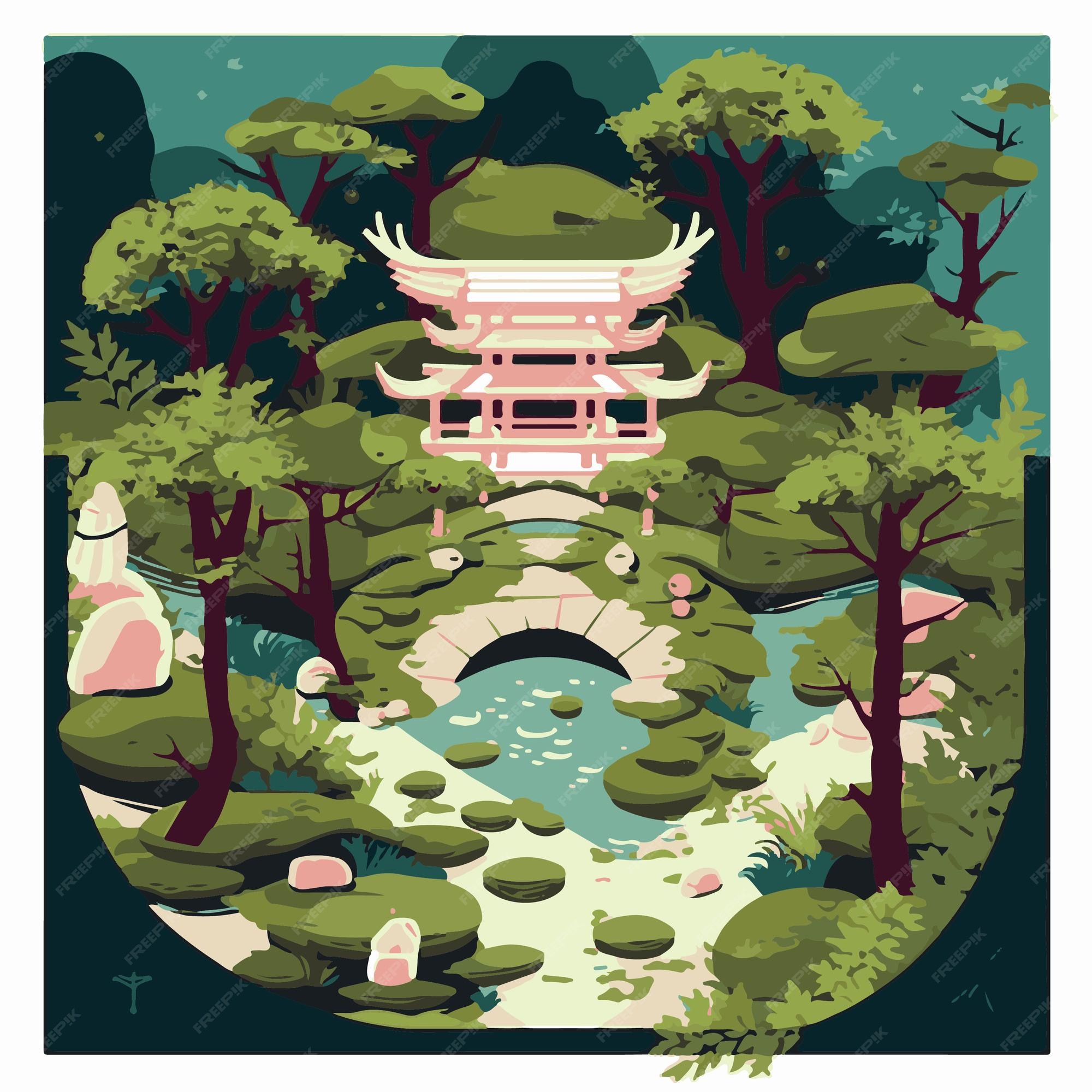 Templo Japonês Na Floresta. Ilustração Vetorial. Eps 10 Arquivo