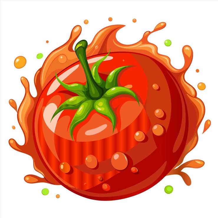 Vetor um desenho de um tomate com um caule verde e suco de laranja