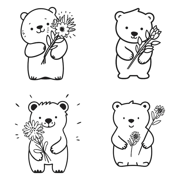 Vetor um desenho de um urso de pé no fundo branco com algumas flores