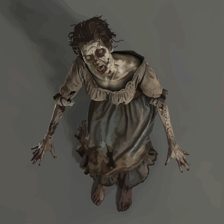Vetor um desenho de um zumbi com um rosto assustador e cabelo escuro