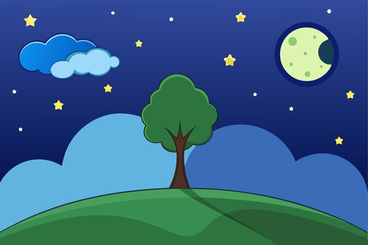Vetor um desenho de uma árvore e a lua com o céu ao fundo