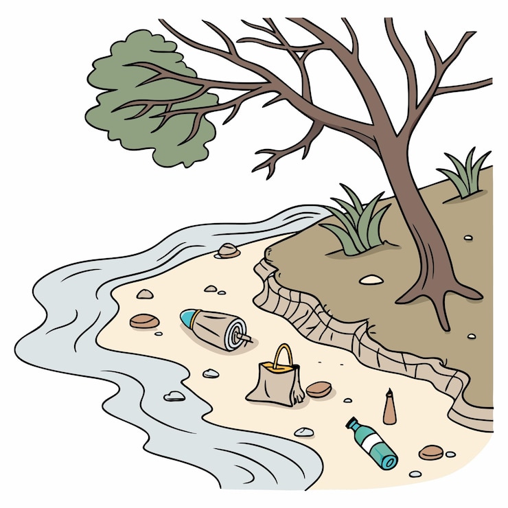 Vetor um desenho de uma árvore e um rio com uma árvore no fundo