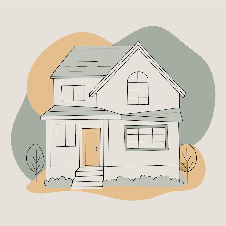 Vetor um desenho de uma casa com uma casa na frente e uma árvore no fundo