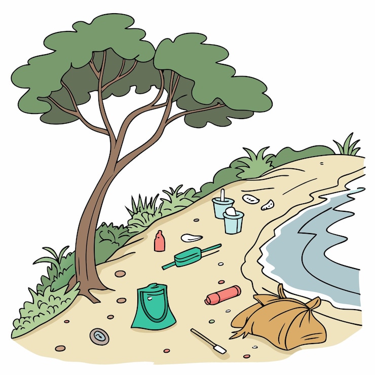 Vetor um desenho de uma cena de praia com uma árvore e um saco de toalhas de praia