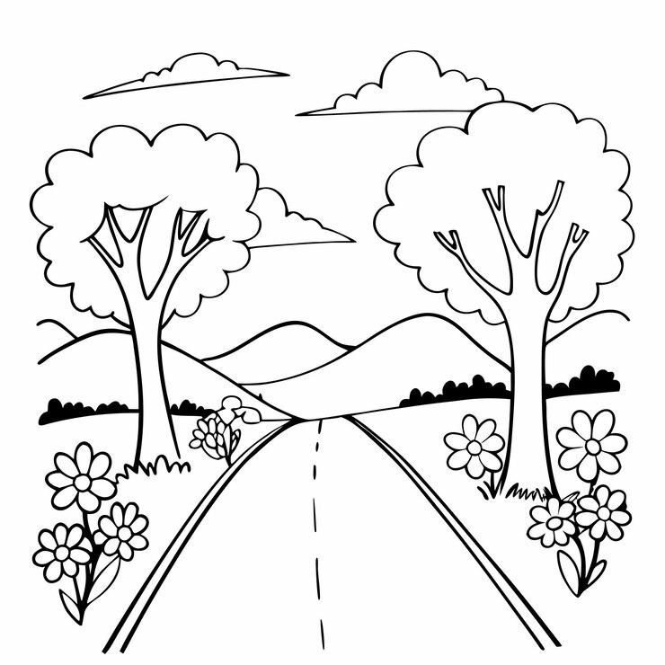 Vetor um desenho de uma estrada com árvores e uma estrada com um céu com nuvens