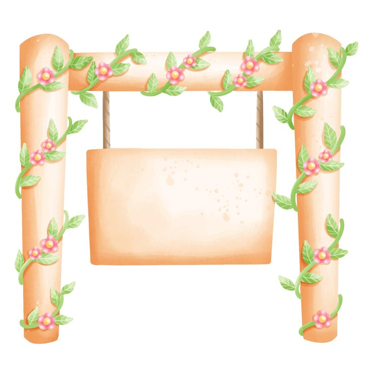 Vetor um desenho de uma estrutura de madeira com um ramo com flores cor-de-rosa e folhas verdes