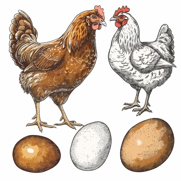 Vetor um desenho de uma galinha e ovos por uma galinha