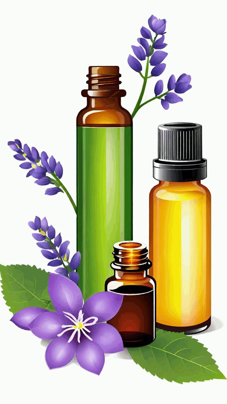 Vetor um desenho de uma garrafa de óleo de aromaterapia com flores ilustração de desenho animado obra de arte vetor