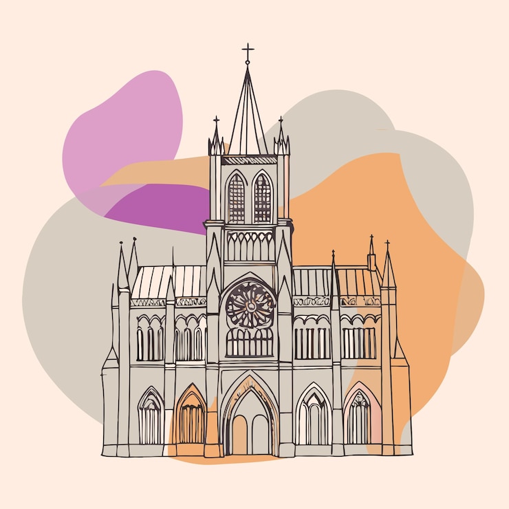 Vetor um desenho de uma igreja com um relógio no topo