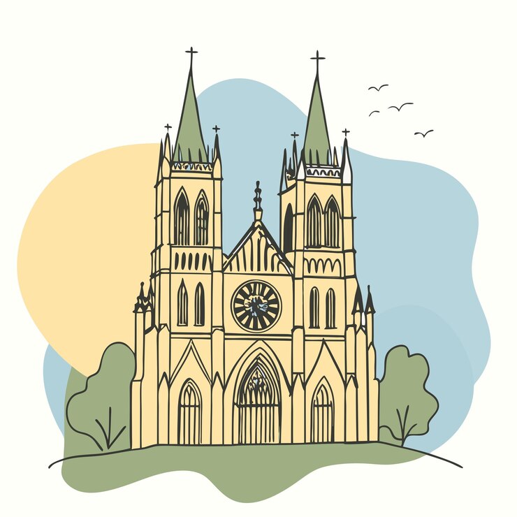 Vetor um desenho de uma igreja com uma cruz na frente