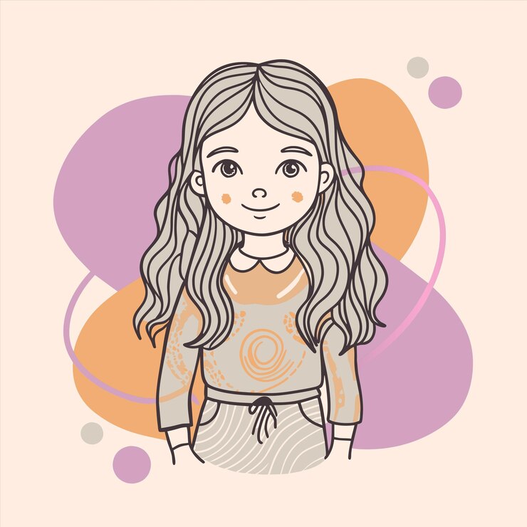 Vetor um desenho de uma menina com cabelo longo e uma camisa que diz "quota a palavra"