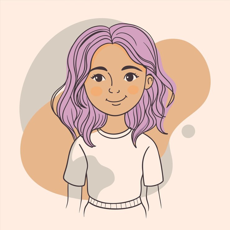 Vetor um desenho de uma menina com cabelo roxo e uma camisa branca com um estilo de cabelo rosa nele