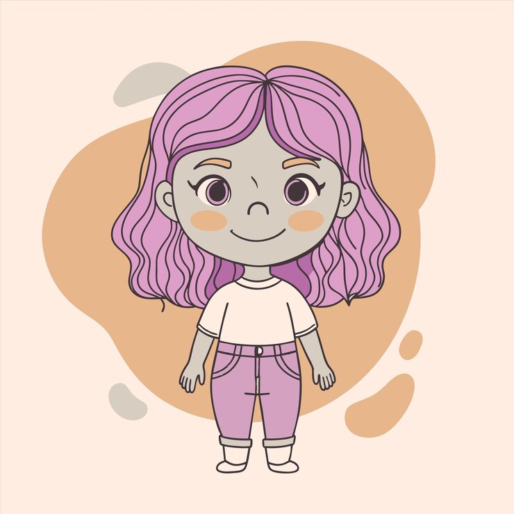 Vetor um desenho de uma menina com cabelo roxo e uma camisa rosa que diz " ela é uma menina "
