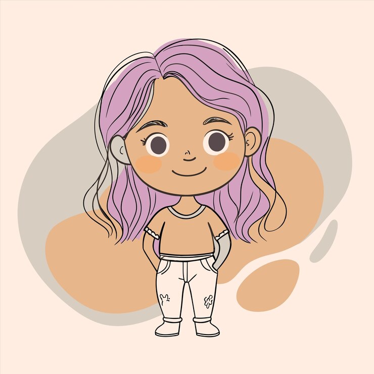 Vetor um desenho de uma menina com cabelo roxo e uma camisa rosa que diz " ela é uma menina "