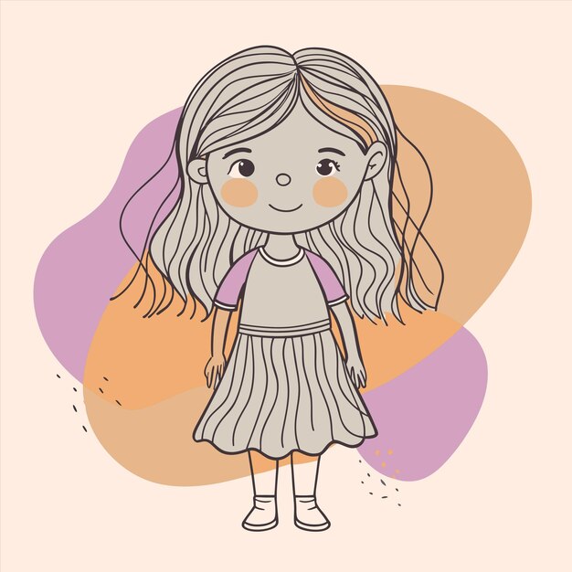 um desenho de uma menina com cabelos longos e um fundo roxo e laranja
