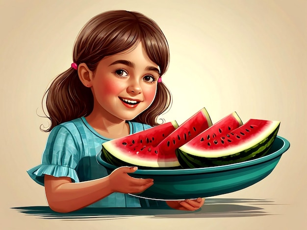 Vetor um desenho de uma menina com um prato de melancia
