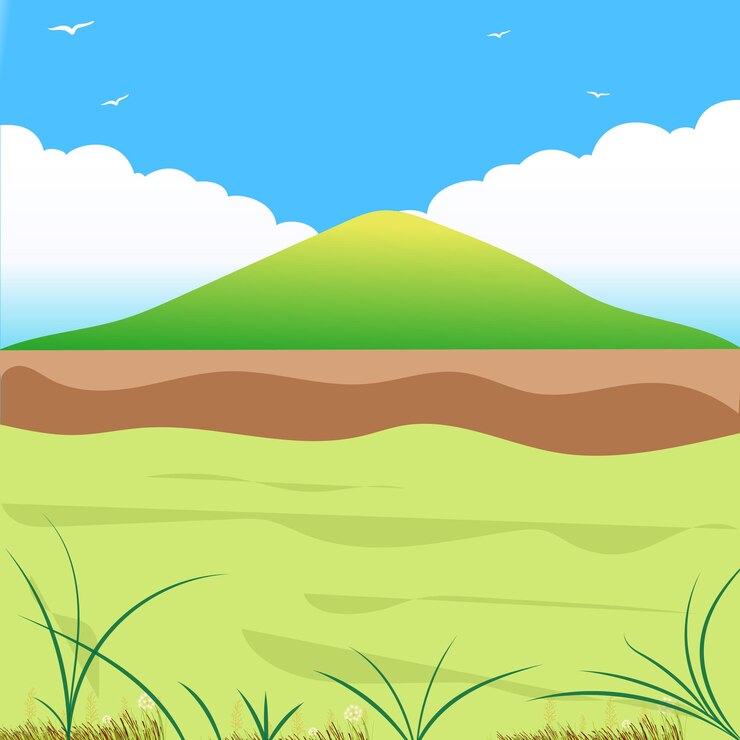 Vetor um desenho de uma montanha verde com um pássaro voando no céu