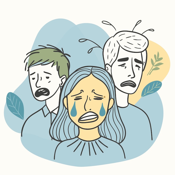 Vetor um desenho de uma mulher chorando com um homem chorando no fundo