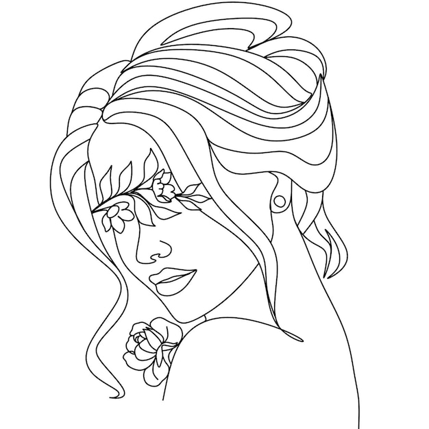 Vetor um desenho de uma mulher com cabelos longos e uma flor no cabelo