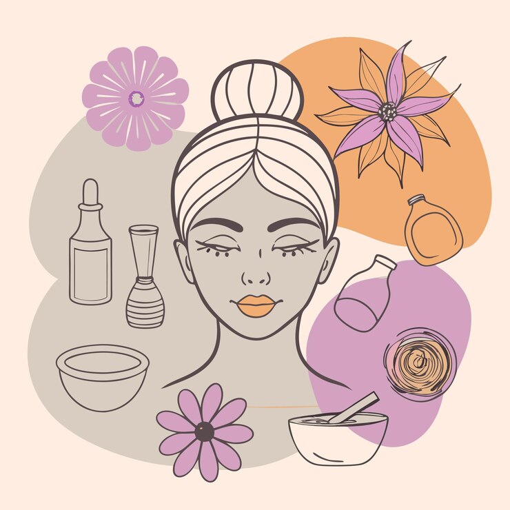 um desenho de uma mulher com flores e uma garrafa de perfume