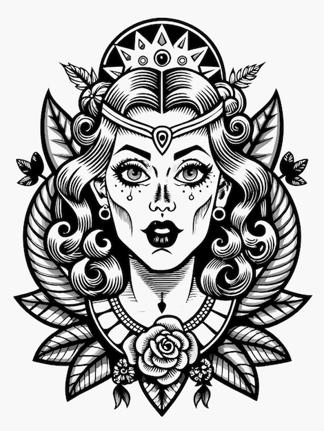 um desenho de uma mulher com um crânio e flores