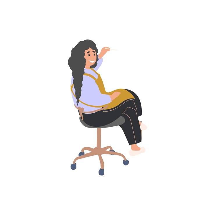 Vetor um desenho de uma mulher com uma camisa azul e calças pretas sentada em uma cadeira