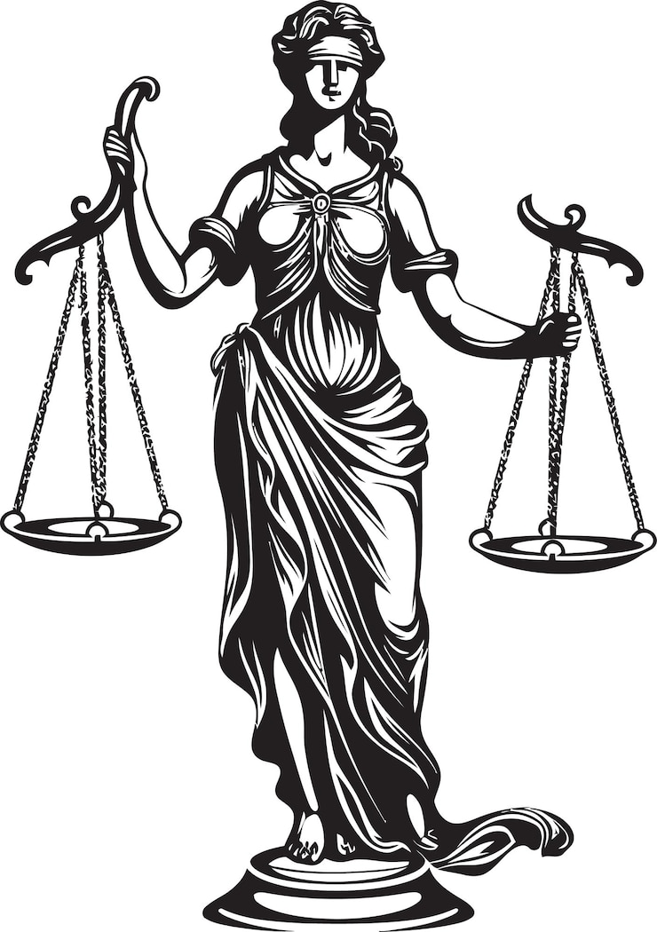 Vetor um desenho de uma mulher com uma escala que diz "a palavra justiça" citado nela