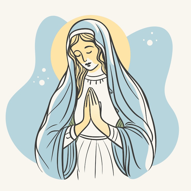 Vetor um desenho de uma mulher com uma túnica azul com uma cruz azul na parte superior de sua cabeça
