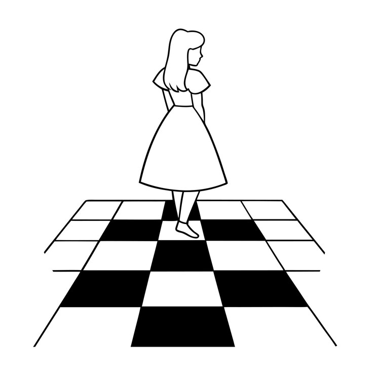 Vetor um desenho de uma mulher de pé em um chão de xadrez com uma foto em preto e branco de uma mulher em pé