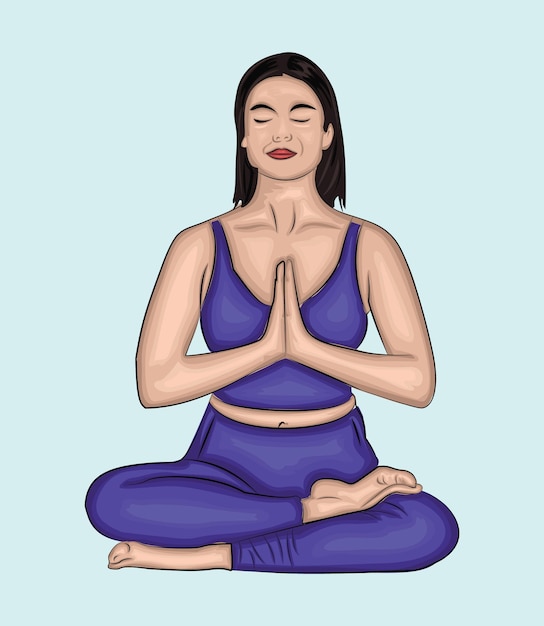 Vetor um desenho de uma mulher de roxo a fazer ioga.