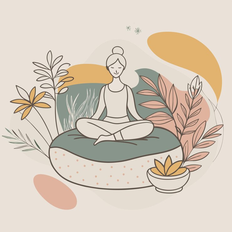 Vetor um desenho de uma mulher de vestido branco sentada em uma cadeira com flores e plantas